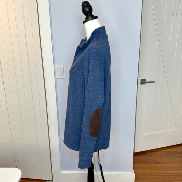 Polo Ralph Men’s Lauren Blue cotton 1/4 zip sweater. Size M. suede patches/trim. - Picture 2 of 10
